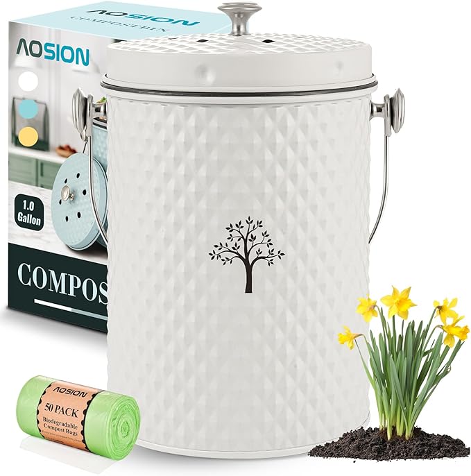 AOSION Countertop Compost Bin Kitchen,Odorless Indoor Compost Bin with Lid and 50 Compost Bags,Compost Bucket Composter Container for Food Waste,Creamy White1.0 Gallon