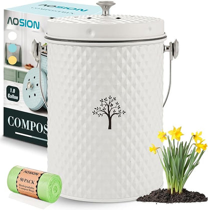 AOSION Countertop Compost Bin Kitchen,Odorless Indoor Compost Bin with Lid and 50 Compost Bags,Compost Bucket Composter Container for Food Waste,Creamy White1.0 Gallon