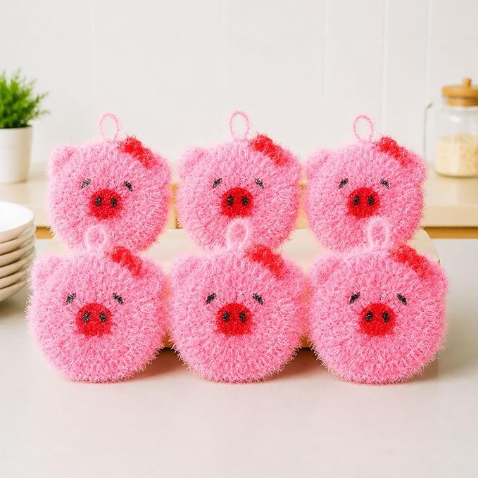 6 Piecs Cute Pig Shape Dish Sponge Dual Sided Non Scratch Pig Dish Washing Scrubbers, Reusable Household Cleaning Kitchen Tools for Dishwashing Washing Dishes Cookware