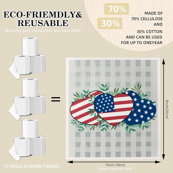 6 Packs Swedish Kitchen Dish Cloths - Reusable Paper Towels for Counters & Dishes - Eco-Friendly Cellulose Sponge Cloth (Flag)