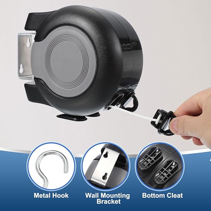 uxcell Retractable Double Clothesline Outdoor Indoor, 49Ft Heavy Duty PVC Clothes Line Retracting Laundry Line with 24 Pcs Clothespins for Wet Dry Clothing, Black