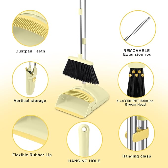 BSKLIN Broom and Dustpan Set House Brooms for Sweeping Indoor Collapsible Broom and Dust Pan Combo for Home Office Kitchen Lobby Floor Pet Hair (Small-Yellow)
