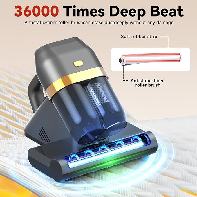Mattress Cleaner, Bed Vacuum Cleaner with 149°F Heat, 16KPa Powerful Suction, 253.7nm U V-C Light, 40,000 RPM Brushroll, HEPA Filter, Dual 400ml Dust Cups for Sofa, Pet Hair, Wired Corded
