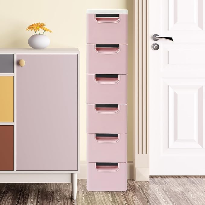 6 Drawers Narrow Slim Plastic Storage Cabinet,Storage Drawer with Wheels,6 Tier Drawers Dresser,Rolling Narrow Cabinet for Small Spaces Bathroom Kitchen Living Room,Pink
