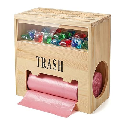 Wooden 2-in-1 Trash Bag Dispenser & Dishwasher Laundry Pods Container, Large Trash Bag Holder with Magnetic Flip Lids, Garbage Bag Dispenser for Kitchen Pantry Laundry Room Under Sink Organizer