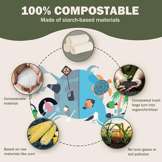 5 Gallon Compostable Handle Trash Bags Compost Food Scrap Waste Bags with US BPI ASTM D6400 and Europe OK Compost Home Certified Christmas Gift 50 Couts