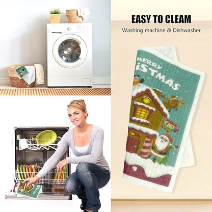 6 - Pack Swedish Kitchen Dish Cloths - Reusable Paper Towels for Counters & Dishes - Eco Friendly Cellulose Sponge Cloth (Xmas)