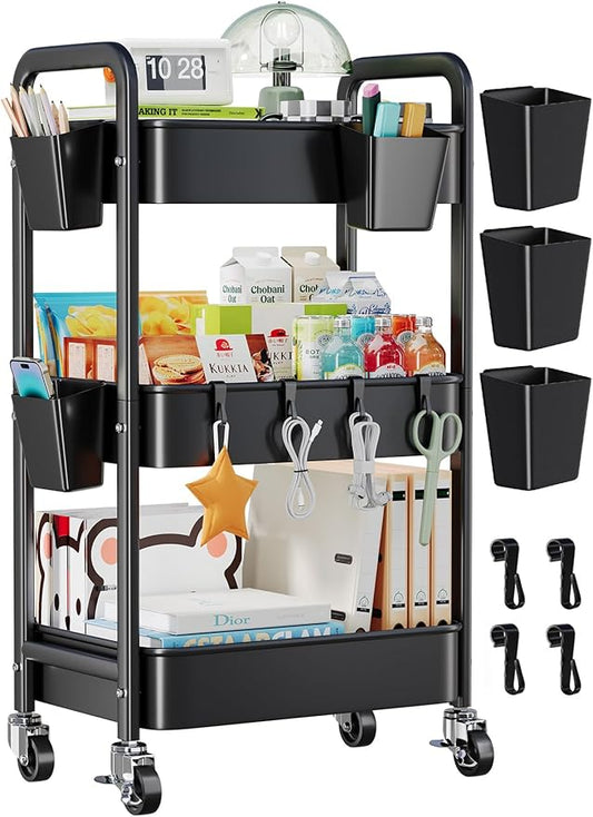 3 Tier Rolling Cart with Lockable Wheels, Metal Diaper Caddy Cart Organizer for Baby Essentials, Black Storage Utility Cart for Craft, Snack, Rolling Carts with Wheels for Lash Techs, Art, Bathroom