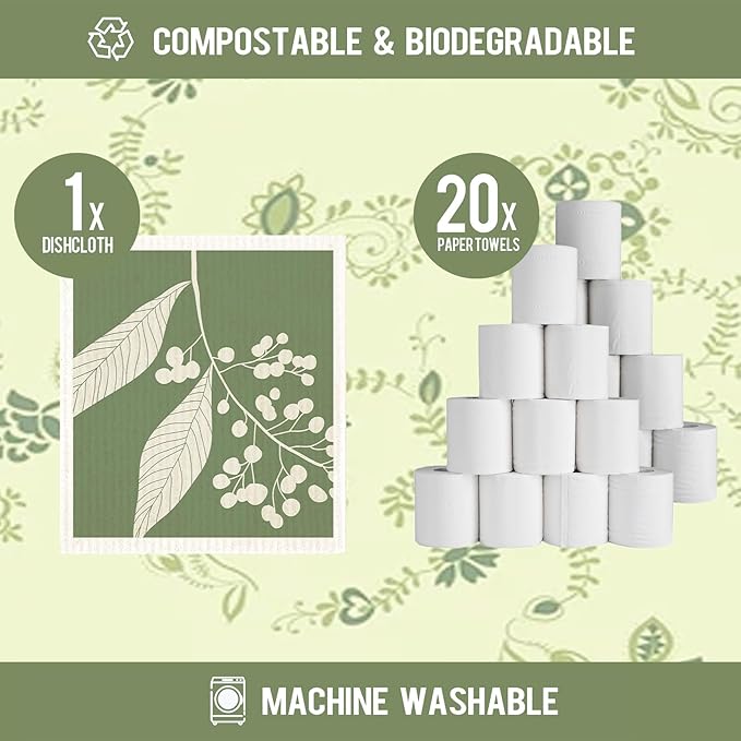 Swedish Dishcloths for Kitchen,6 Pack Green Leaves Dish Towels,Cellulose Sponge ClothsReusable Paper Towels, Biodegradable and Reusable Kitchen Dish Rags