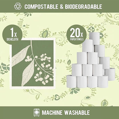 Swedish Dishcloths for Kitchen,6 Pack Green Leaves Dish Towels,Cellulose Sponge ClothsReusable Paper Towels, Biodegradable and Reusable Kitchen Dish Rags