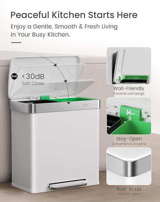 Cesun GreenGrin Kitchen Trash Can, 2x8 Gallon Dual Compartment Trash and Recycle Bin Combo, Double Stainless Steel Step Garbage Can with Lid, Recycling Push Flap,Removable Inner Buckets,30L+30L(White)