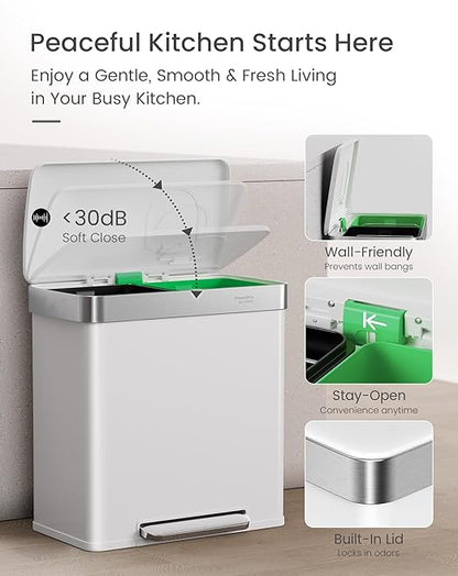Cesun GreenGrin Kitchen Trash Can, 2x8 Gallon Dual Compartment Trash and Recycle Bin Combo, Double Stainless Steel Step Garbage Can with Lid, Recycling Push Flap,Removable Inner Buckets,30L+30L(White)
