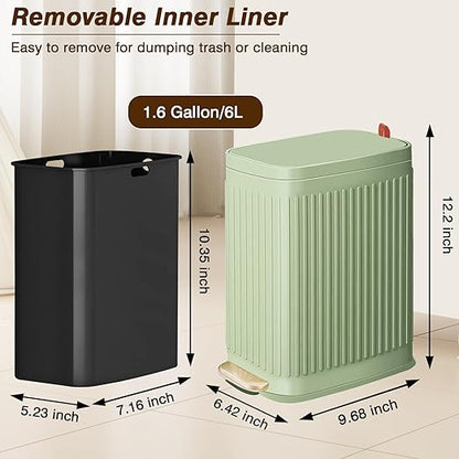 Slim Trash Can for Bathroom with Air Freshener Soft Close Lid, 6 Liter/ 1.6 Gallon Stainless Steel Garbage Can with Removable Inner Bucket,Step Pedal, Small Wastebasket for Bedroom, Kitchen (GREEN)