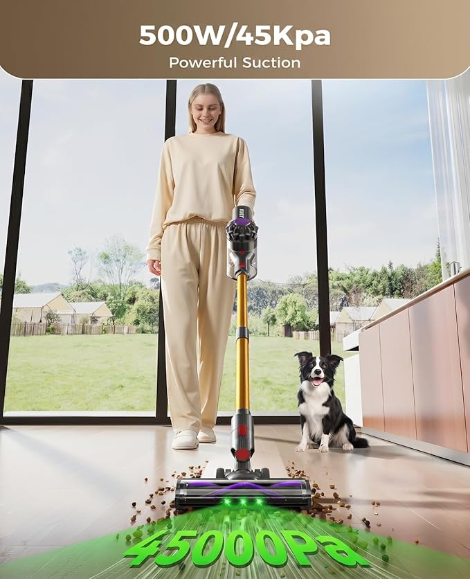 Cordless Vacuum Cleaner, 500W 45KPA Stick Vacuum Cleaners for Home, 45 Mins Lightweight Vac, Anti-Tangle, Rechargeable Battery for Home, Carpets,Pet Hair,Hardwood Floors,Car, Sofa, Stairs