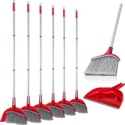 Meanplan 6 Pcs Angle Broom and Dustpan Combo Set for School Classroom 54 Inch Outdoor Indoor Cleaning Broom Commercial Broom with Step-on Dustpan for Home Kitchen Office Floor Dirt Dust Hair Cleaning