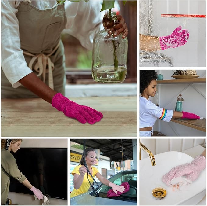 Patelai 2 Pairs Microfiber Gloves for plants Dusting Cleaning Glove Mittens House Cars Blinds Dusting(Pink, Rose Red,Large)