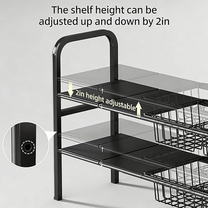 Expandable Under Sink Organizer 26.8 to 35.8 Inches Wide, 2 Tier Carbon Steel Storage Rack for Double Sink Cabinet, P-Trap and Garbage Disposal Friendly, No Tools Required (White)