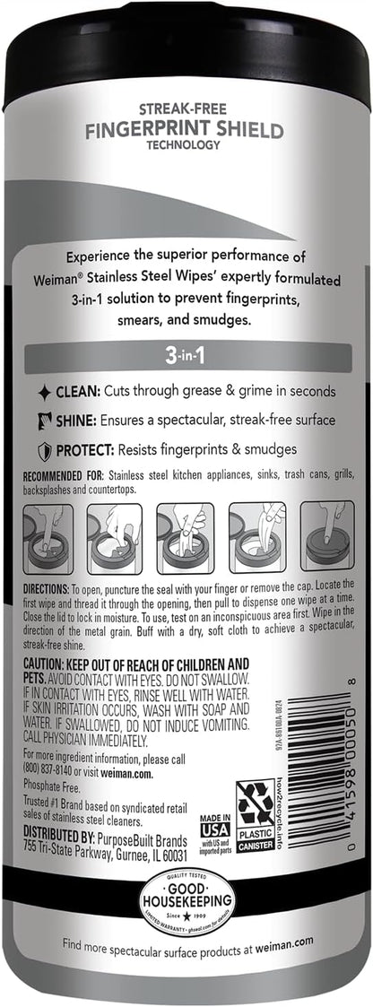 Weiman Stainless Steel Cleaner & Polish Kit, 2 Wipes & Cloth, Anti-Fingerprint, Removes Grease, Water Spots, Streaks & Residue, Polishing Cleaner Safe for Appliances, Chrome, Sinks & Grill Exteriors