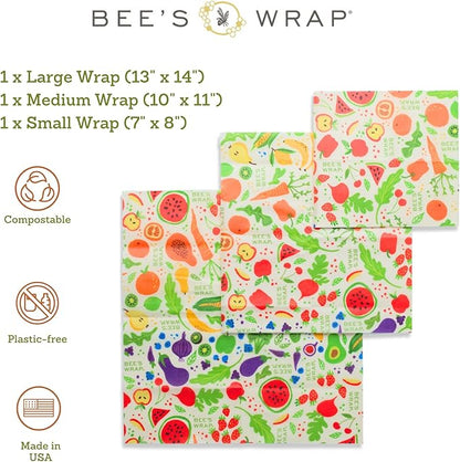 Bee's Wrap Beeswax Wraps for Food - 3 Pack of Assorted Beeswax Wraps - Small, Medium & Large Wrap - Plastic Free Made in USA Reusable Natural Food Wrap - Garden Party Print