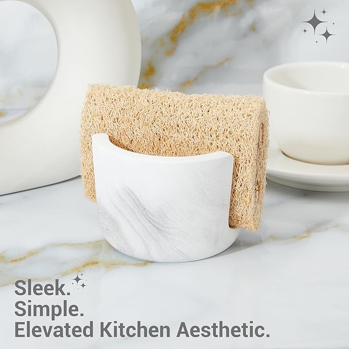 Diatomite Sponge Holder for Kitchen Sink Counter, Quick Drying, Fast Water Absorbent Stone Tray, 1 Slot Dish Sponge Rack, Kitchen Organizer, White Marble Pattern