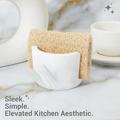 Diatomite Sponge Holder for Kitchen Sink Counter, Quick Drying, Fast Water Absorbent Stone Tray, 1 Slot Dish Sponge Rack, Kitchen Organizer, White Marble Pattern