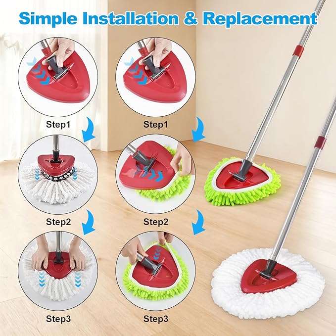 Mop Heads Replacements for Ocedar, Mop Replace Head for o Cedar Easywring 1 Tank, Spin Mop Replacement Head Include 3 Mop Refills Machine Washable Reusable Deep Cleaning and 3 Chenille Mop Pads