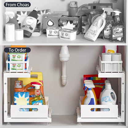 Saydear Under Sink Organizer, 2-Tier Premium Metal Pull-Out Racks with Adjustable Height, Heavy Duty Sliding Bin for Bathroom and Kitchen Cabinet Storage, Rust Resistant 2 Pack