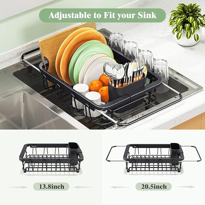 Urackify Expandable Dish Drying Rack Over The Sink, Adjustable Dish Rack in Sink, Rustproof Dish Drainer for Kitchen Counter, Dish Strainer with Utensil Holder, Black
