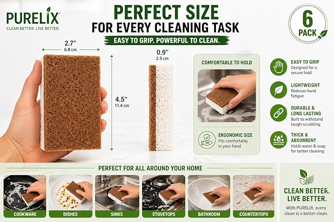 Heavy Duty Scrub Sponges for Dishes – Non-Scratch Kitchen Sponges, Tough on Grease, Safe for Nonstick Cookware, Multi-Purpose Cleaning Sponge (6 Pack)