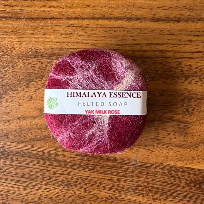 Handmade Felted Soap with Tibetan Yak Milk & Wool - Natural Exfoliating Bar for Face & Body, 6 Scents, Includes Bamboo Dish & Travel Pouch (Rose)