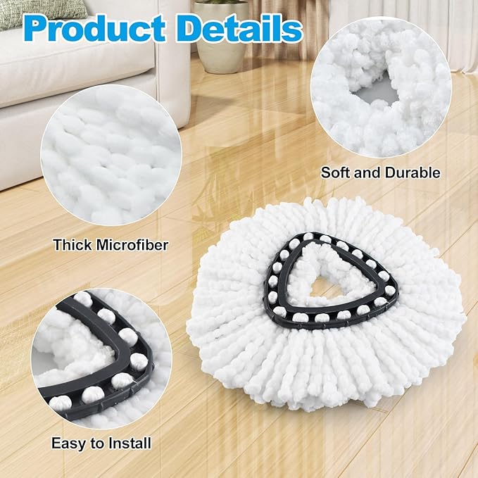 Mop Heads Replacements for Ocedar, Mop Replace Head for o Cedar Easywring 1 Tank, Spin Mop Replacement Head Include 3 Mop Refills Machine Washable Reusable Deep Cleaning and 3 Chenille Mop Pads