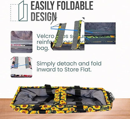 Extra Large Utility Tote Bag - Oversized Collapsible Reusable Wire Frame Rectangular Canvas Basket With Two Exterior Pockets For Beach, Pool, Laundry, Car Trunk, Storage - Sunflower