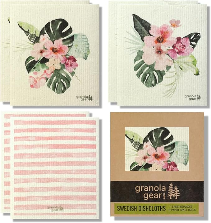 Swedish Dishcloths for Kitchen 6-Pack Reusable Paper Towels, Eco-Friendly, Compostable, Biodegradable Dish Wash Cloths, Washable Sponge, Watercolor Flower Art-Tropic Like It's Hot