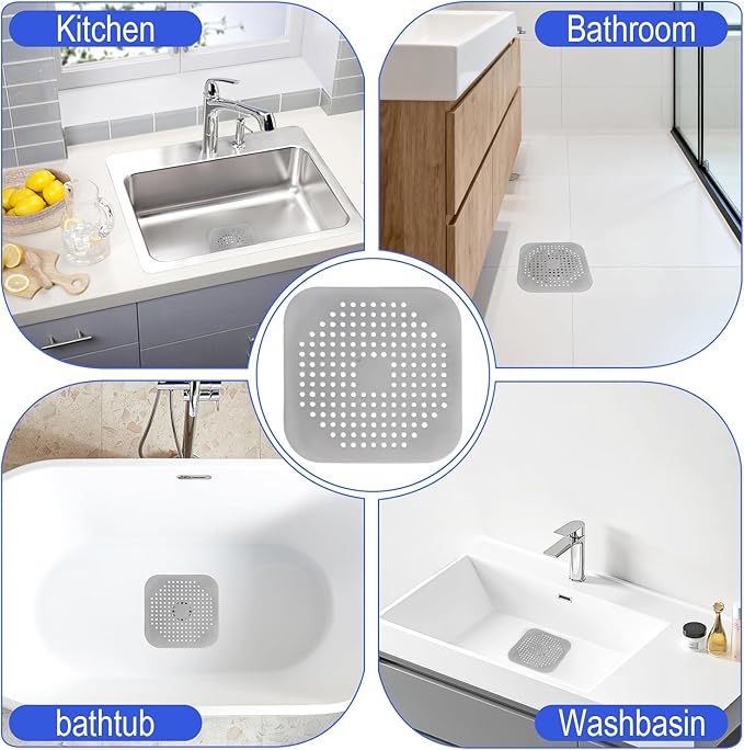 4 Pack Shower Drain Hair Catcher, Silicone Hair Stopper with Suction Cup, Drain Strainer for Bathroom, Bathtub & Kitchen Sink - Grey