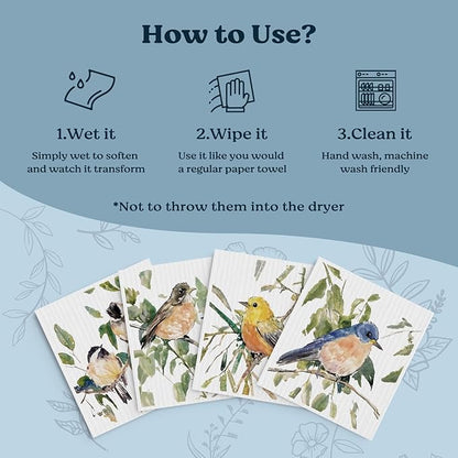 Swedish Dishcloths for Kitchen, Bird Dish Rags Kitchen Dish Towels for Washing Dishes, 4 Pack Reusable Paper Towels, Sponge Cloths for Home Cleaning Baking Cooking