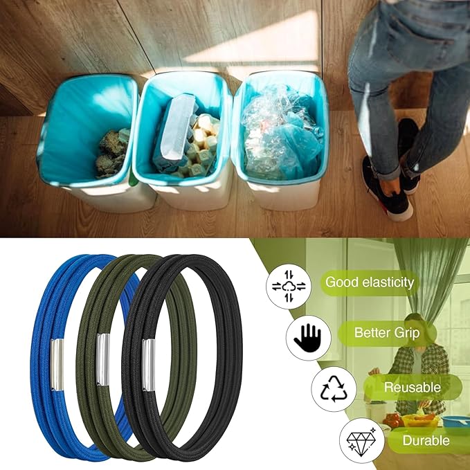 Garbage Can Rubber Bands, Fits 13-30 Gallon Bins, Heavy-duty Trash Can Bands to Hold Garbage Bags in Place, Trash Bag Holder Band with High Elasticity, Set of 3 in Black, Blue, and Green