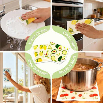 Swedish Dishcloths for Kitchen, 5 Pack Fruit Reusable Paper Towels with 3 Hooks, Washable Dish Cloth Set, Absorbent Cleaning Cloth for Home Washing Dishes Housewarming Gifts for Friend