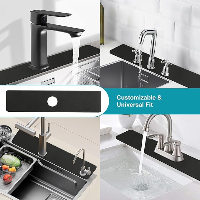 Customizable Kitchen Sink Faucet Mat: 30"Lx5.5"W Bathroom Counter Protector Drip Catcher - Splash Guard with Pre-Cut Center Hole, Trimming to Fit 2 & 3 Hole Faucet & Irregular Sink with Soap Dispenser