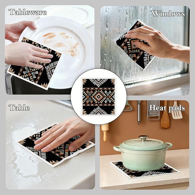 Mixed Western Aztec Swedish Kitchen Dishcloths Dish Towels 6 Pack, Aztec Dish Towels for Kitchen, Western Swedish Dishcloth, Paper Towels Reusable, Dish Cloth Towel Cleaning Wipe for Home Party