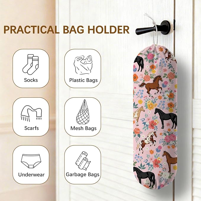 Horse Plastic Bag Holder Dispenser, Plastic Grocery Bag Organizer & Wall Mount Paper Trash Bags Saver Storage for Kitchen Home Pantry Decor, Horse Farmhouse Design