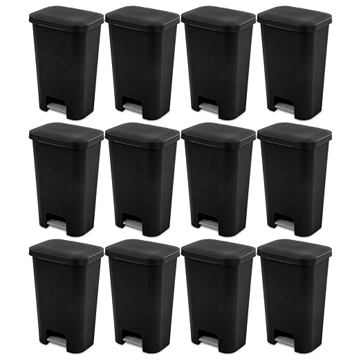 Sterilite 11.9 Gallon Rectangular Step On Kitchen Plastic Indoor Wastebasket with Wide Opening Lid and Comfort Handle for Home, Black (12 Pack)