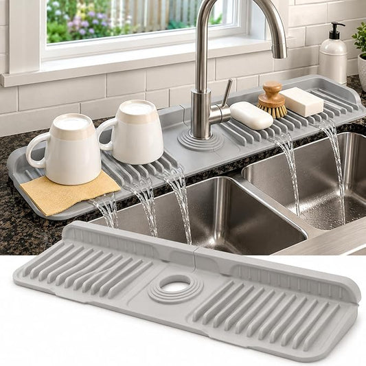 23" Extra Long Silicone Faucet Handle Drip Catcher Tray,7° Sloped Self Draining Mat with Snap-on Design & Soap Holder, Trim-to-Fit Opening,Sink Splash Guard for Kitchen & Bathroom(Light Gray)