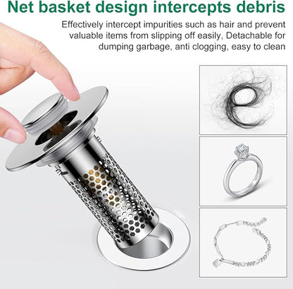Bathroom Sink Drain Strainer,Universal Pop-Up Sink Stopper Hair Catcher, Anti-Clog Stainless Steel Drain Filter Basket, Removable Sink Drain for Bathroom Sink Stopper (YSilver-2（with Buckle）)