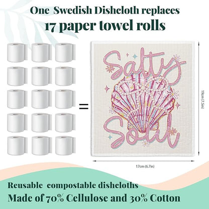Beach Ocean Sells Swedish Dishcloths for Kitchen, Pink Salty Soul Sells Swedish Dish Cloths for Ocean, 4 Pack Dish Towels for Kitchen washcloths, Papaya Reusable Paper Towels Washable