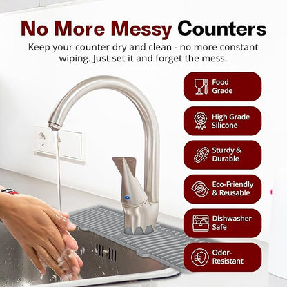 ODRAGO Silicone Kitchen Sink Splash Guard - 24.01 Inch Faucet Mat for Kitchen Sink Water - Longer Faucet Handle Drip Catcher Tray-Sink Guard for Kitchen Sink (Grey)