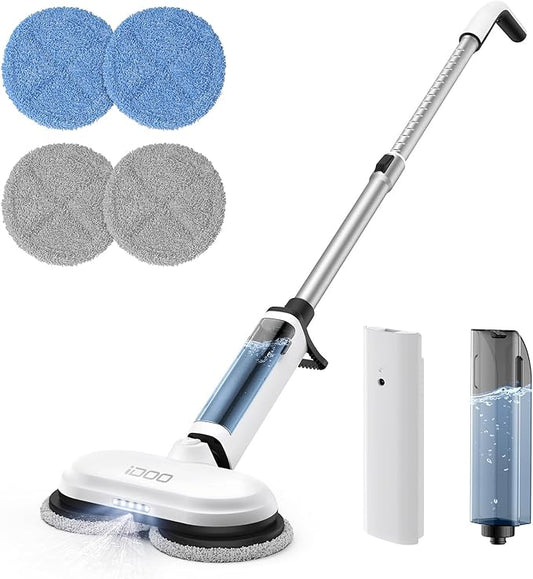 iDOO Electric Cordless Spin Mop, Electric Mops for All Floor with Sprayer & LED Headlight, Quiet Self Propelled, Water Tank 4 Replaceable Heads, for Women