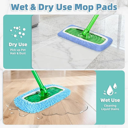 4 Pack Reusable Mop Pads Compatible with Swiffer Sweeper Mop (Normal and Deluxe), Microfiber Wet & Dry Sweeping Cloth, Reusable Washable Pads for Floor Cleaning (Blue, Not Include Mop)