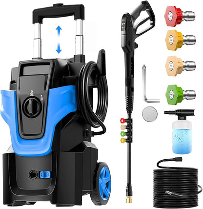 5000PSI Heavy Duty Pressure Washer, 3-Speed Adjustable Power Washer with 2-Stage Pull Rod, 4 Nozzles, Foam Cannon & 500ml Soap Bottle for Car, Home & Outdoor Cleaning,Blue