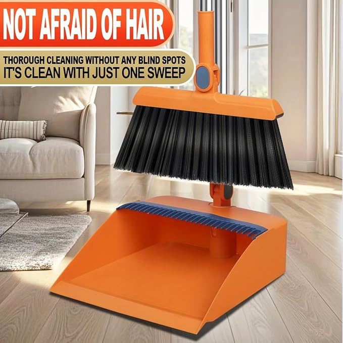 2-in-1 Broom with Dustpan Combo Set,Long Handle Broom Dustpan Combo with Dustpan Teeth to Automatically Clean Hair for Home, Indoor or Outdoor Cleaning Hall Floor (Orange)