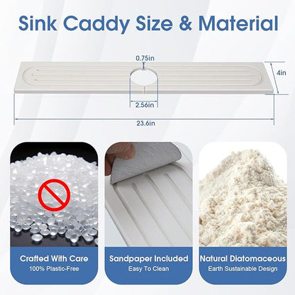 Drying Stone Faucet Mat for Kitchen Sink, 23.9 Inch Long Kitchen Sink Splash Guard Behind Faucet, Stone Drying Tray, Ultra Fast Absorbing Mat Diatomaceous Earth, Pure white